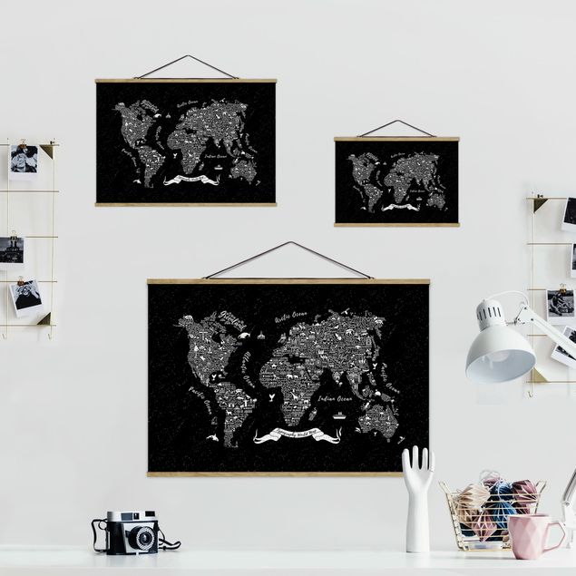 Fabric print with poster hangers - Typography World Map Black