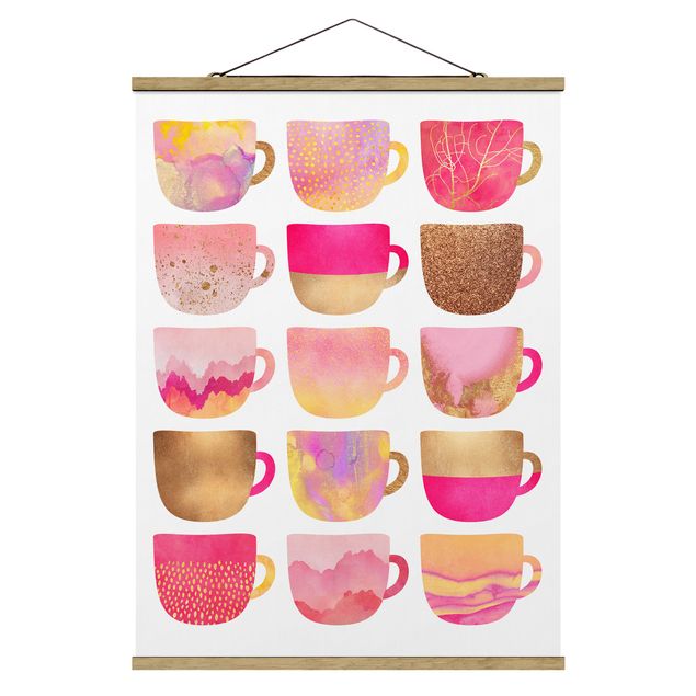 Fabric print with poster hangers - Golden Mugs With Light Pink