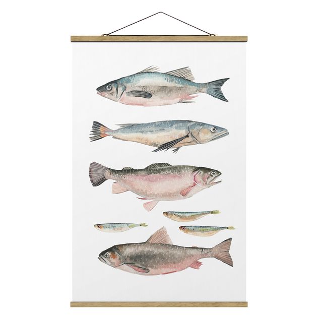 Fabric print with poster hangers - Seven Fish In Watercolour I