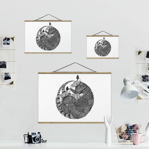 Fabric print with poster hangers - Illustration Armadillos Black And White Pattern
