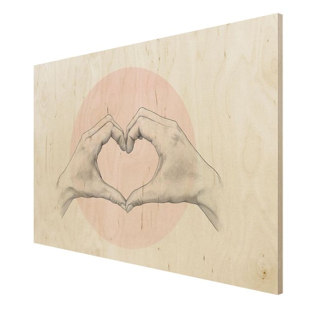 Print on wood - Illustration Heart Hands Circle Pink White