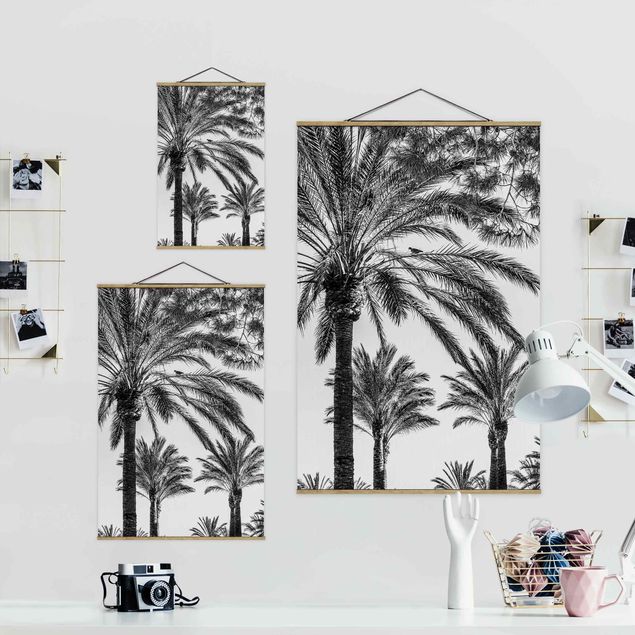 Fabric print with poster hangers - Palm Trees At Sunset Black And White