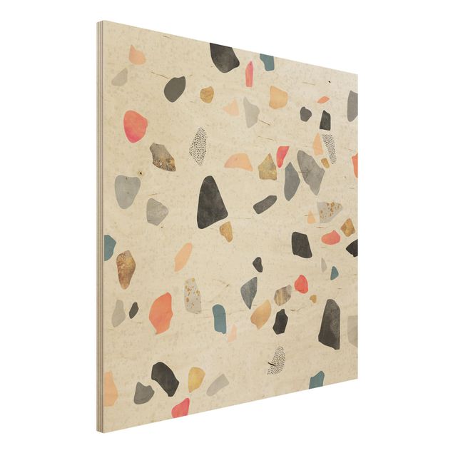 Print on wood - White Terrazzo With Gold Stones