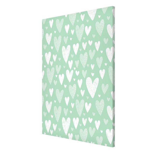 Magnetic memo board - Small And Big Drawn White Hearts On Green