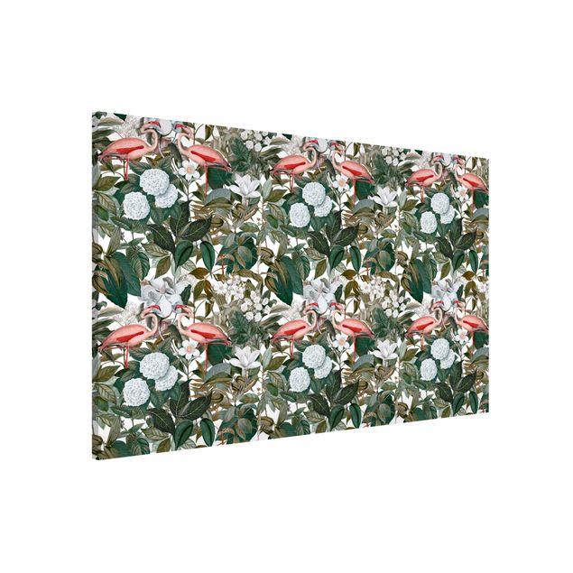 Magnetic memo board - Pink Flamingos With Leaves And White Flowers