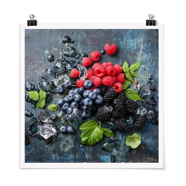 Poster - Berry Mix With Ice Cubes Wood