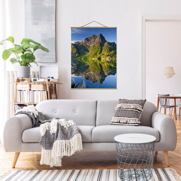 Fabric print with poster hangers - Mountain Landscape With Water Reflection In Norway