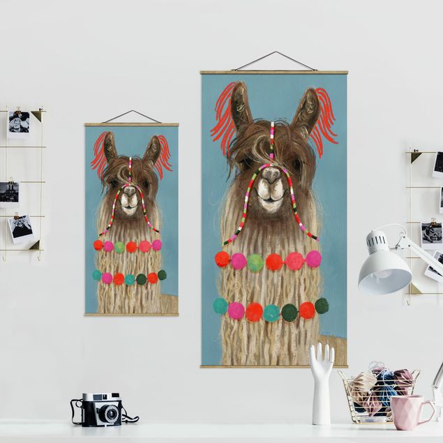 Fabric print with poster hangers - Lama With Jewelry I