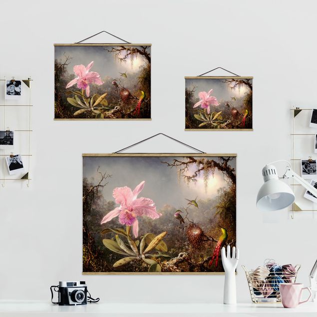 Fabric print with poster hangers - Martin Johnson Heade - Orchid And Three Hummingbirds