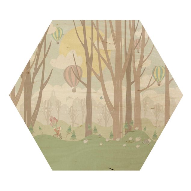 Wooden hexagon - Sun With Trees And Hot Air Balloons