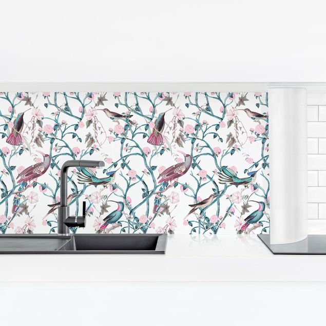 Kitchen wall cladding - Light Pink Morning Glories With Birds In Blue