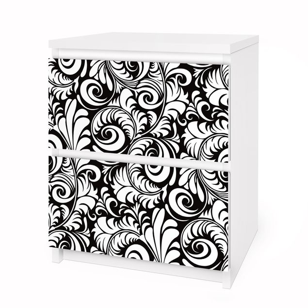 Adhesive film for furniture IKEA - Malm chest of 2x drawers - Black And White Leaves Pattern