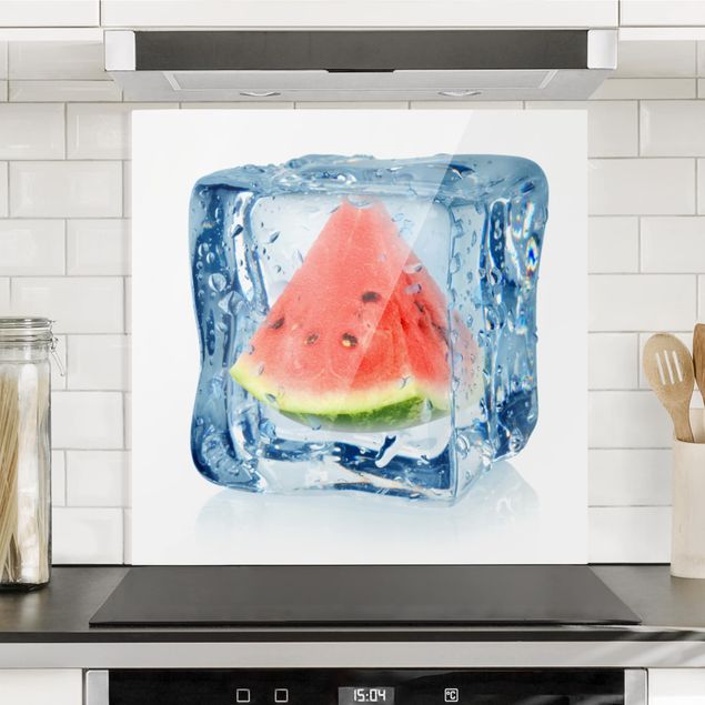 Glass splashback fruits and vegetables Melon in ice cube