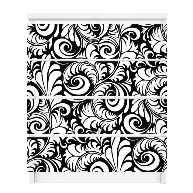 Adhesive film for furniture IKEA - Malm chest of 4x drawers - Black And White Leaves Pattern