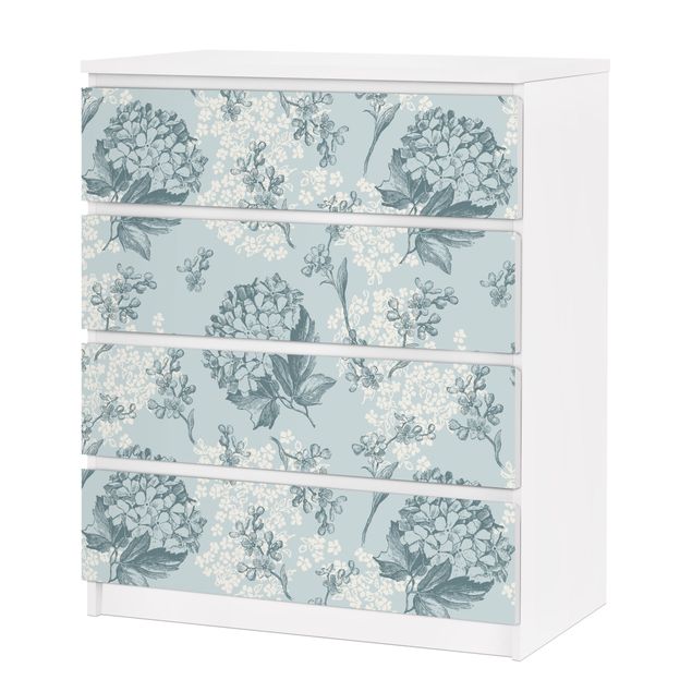Adhesive film for furniture IKEA - Malm chest of 4x drawers - Hydrangea Pattern In Blue