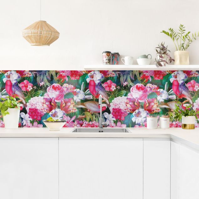 Kitchen splashback patterns Colourful Tropical Flowers With Birds Pink