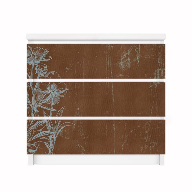 Adhesive film for furniture IKEA - Malm chest of 3x drawers - Blue Sketch Of A Flower