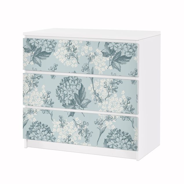 Adhesive film for furniture IKEA - Malm chest of 3x drawers - Hydrangea Pattern In Blue