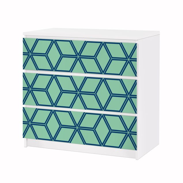 Adhesive film for furniture IKEA - Malm chest of 3x drawers - Cube pattern Green