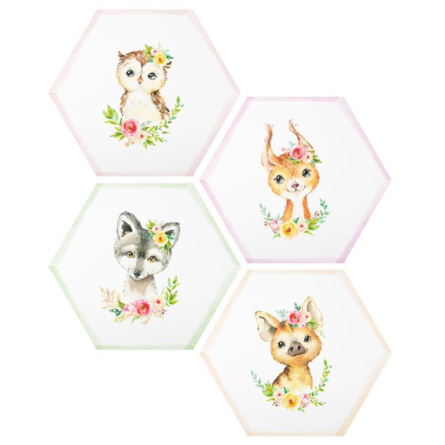 Forex hexagon - Watercolour Forest Animals With Flowers Set IV