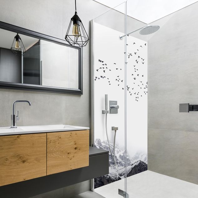 Shower wall cladding - Flock Of Birds In Front Of Mountains Black And White