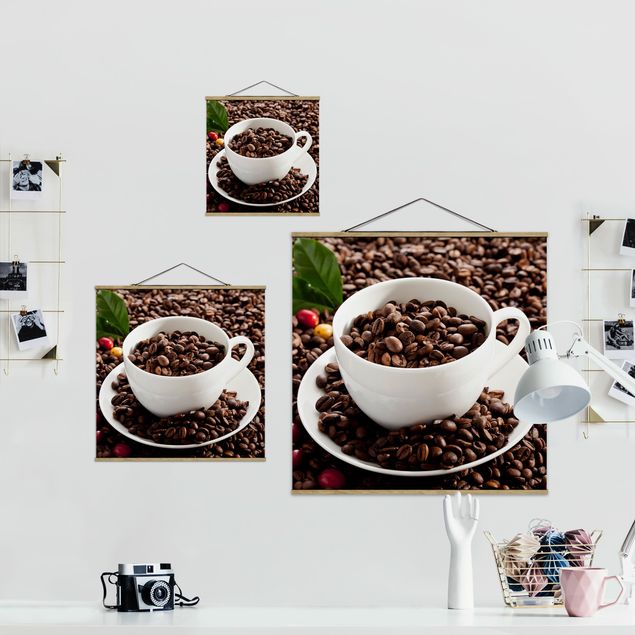 Fabric print with poster hangers - Coffee Cup With Roasted Coffee Beans