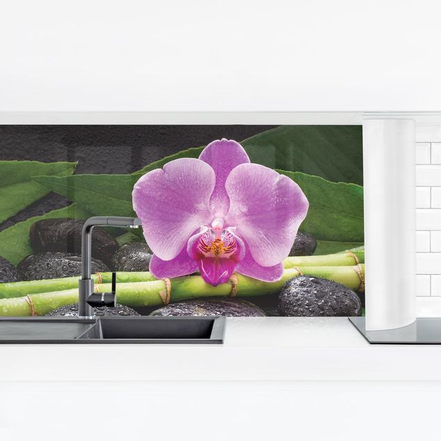 Kitchen wall cladding - Green Bamboo With Orchid Flower