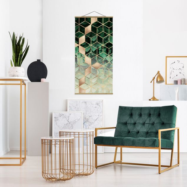 Fabric print with poster hangers - Green Leaves Golden Geometry