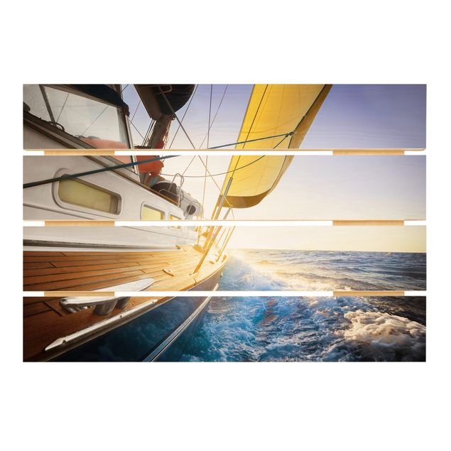 Print on wood - Sailboat On Blue Ocean In Sunshine