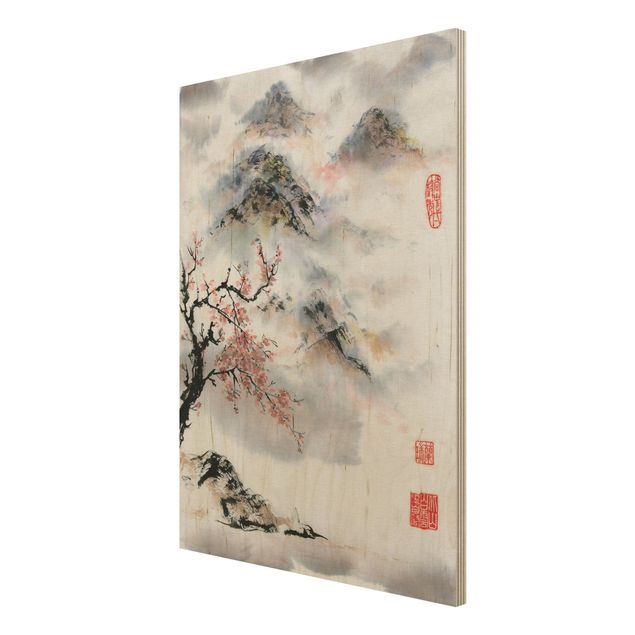 Print on wood - Japanese Watercolour Drawing Cherry Tree And Mountains