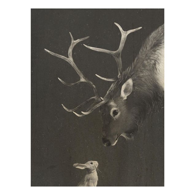 Print on wood - Illustration Deer And Rabbit Black And White Drawing