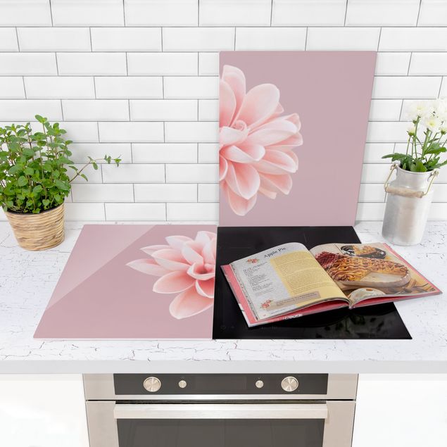 Glass stove top cover - Dahlia Flower Lavender Pink White