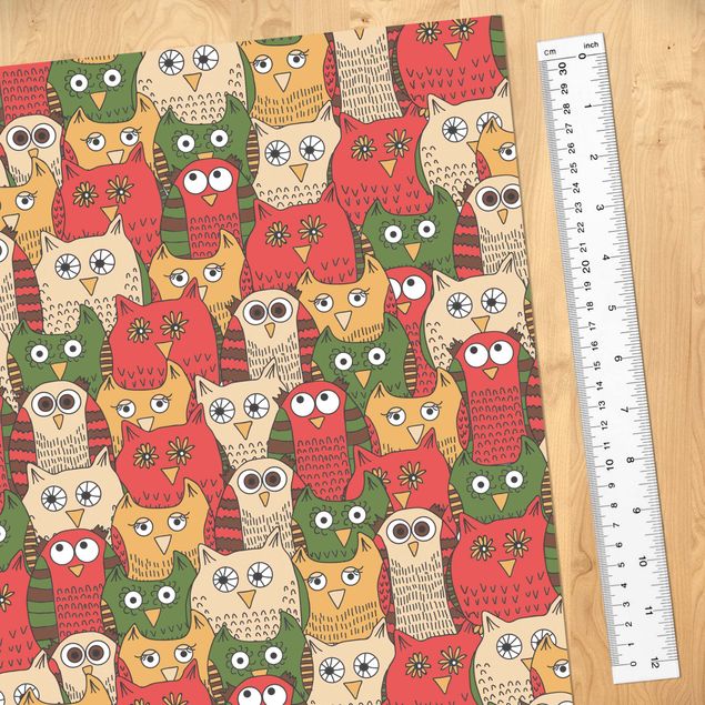 Adhesive film for furniture - Pattern With Funny Owls Red