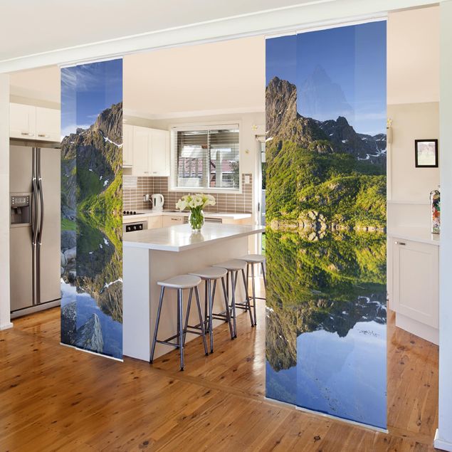 Sliding panel curtains set - Mountain Landscape With Water Reflection In Norway
