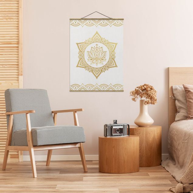 Fabric print with poster hangers - Mandala Lotus Illustration Ornament White Gold