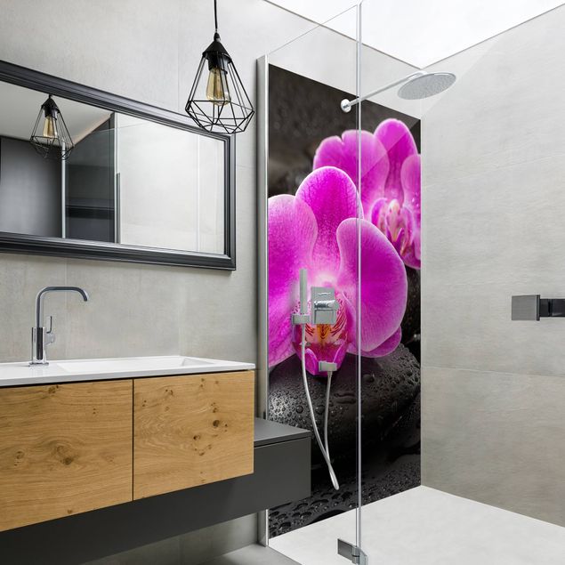 Shower panels Pink Orchid Flower On Stones With Drops