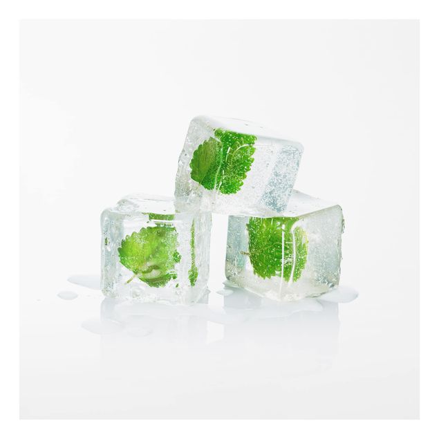Glass Splashback - Three Ice Cubes With Lemon Balm - Square 1:1