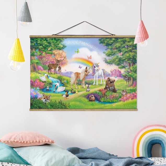 Fabric print with poster hangers - Enchanted Forest With Unicorn