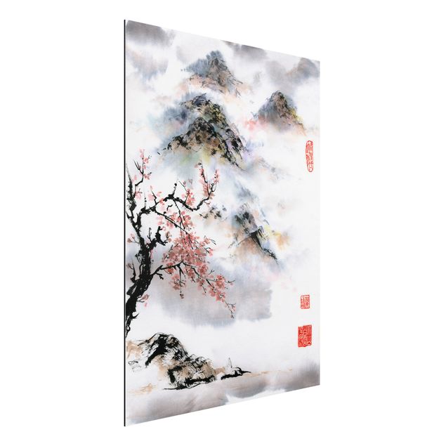 Alu dibond Japanese Watercolour Drawing Cherry Tree And Mountains
