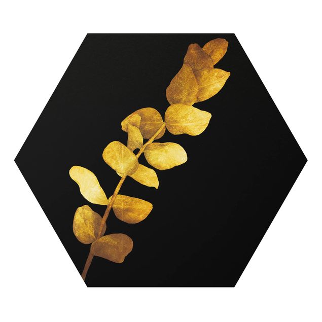 Alu-Dibond hexagon - Gold - Eucalyptus On Black