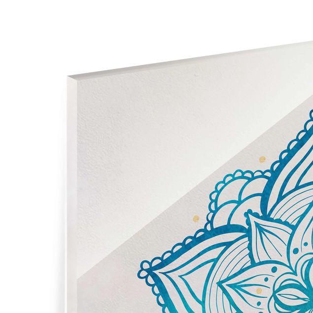 Glass print - Mandala Hamsa Hand Lotus Set Gold Blue