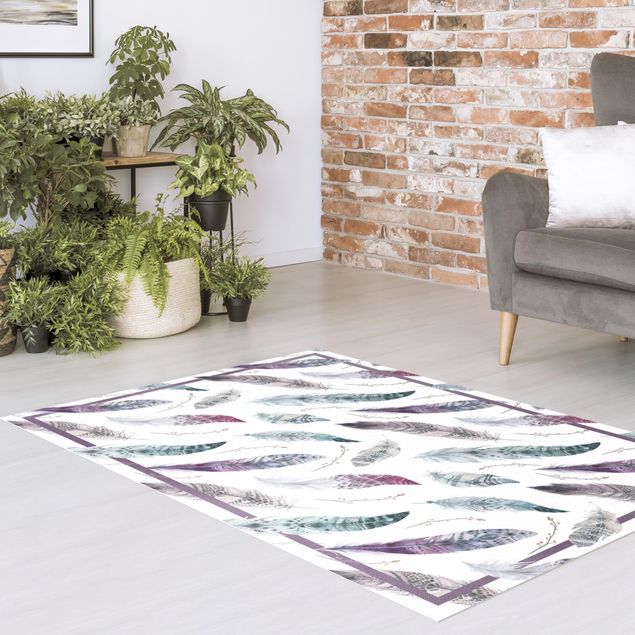outdoor mat Boho Watercolour Feathers In Aubergine And Petrol Colour With Frame