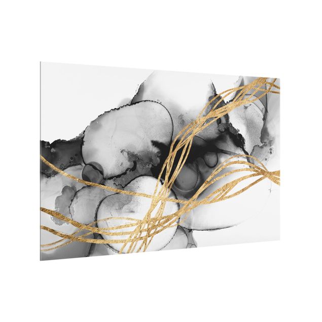 Splashback - Black Ink With Golden Lines II - Landscape format 3:2