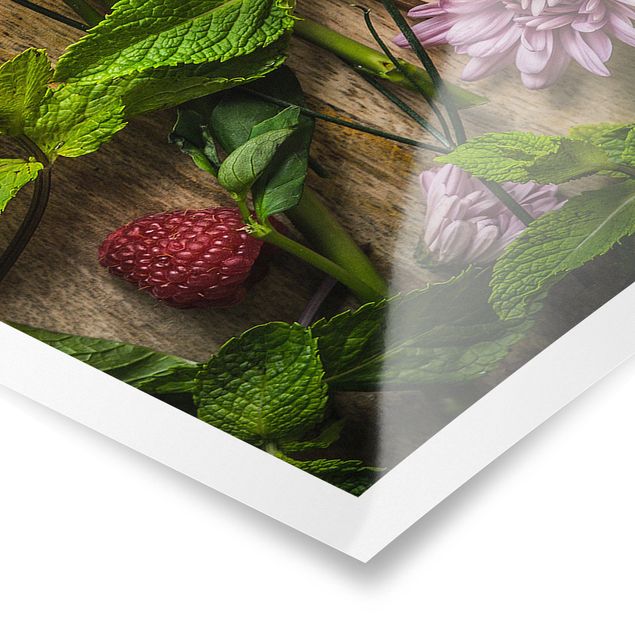 Panoramic poster kitchen - Flowers Raspberries Mint