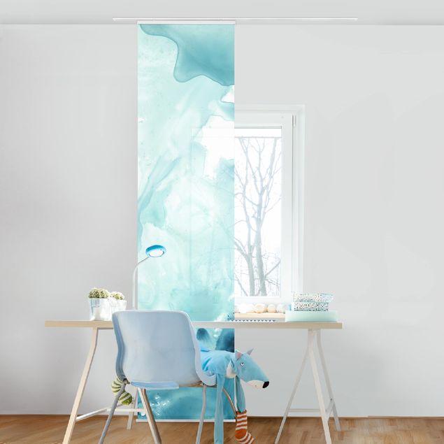 Sliding panel curtains set - Emulsion In White And Turquoise I