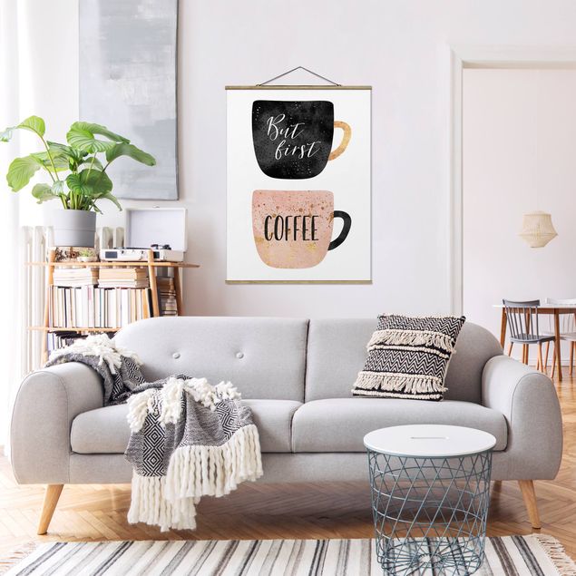 Fabric print with poster hangers - But First, Coffee