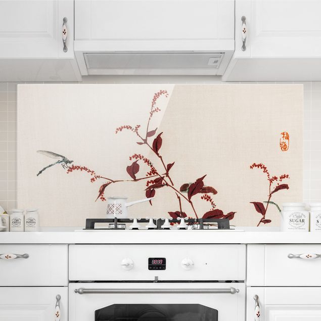 Glass splashback flower Asian Vintage Drawing Red Branch With Dragonfly