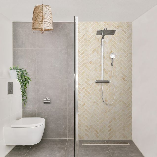 Shower wall cladding - Marble Fish Bone Tiles - Sand Light-Coloured  Joints