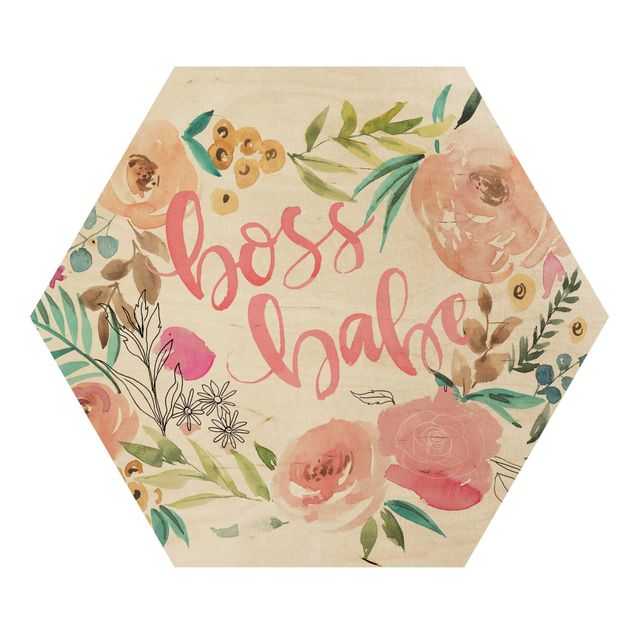 Wooden hexagon - Pink Flowers - Boss Babe