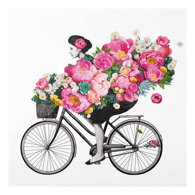 Print on forex - Illustration Woman On Bicycle Collage Colourful Flowers